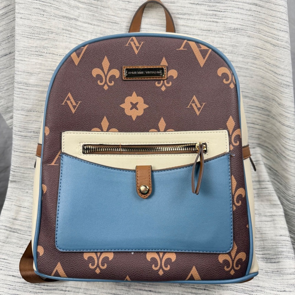 Adrienne Vittadini Backpack Purse Brown White Zipper Chic Casual Travel Office